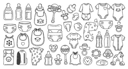 A collection of hand-drawn baby items, including bottles, clothes, and toys.
