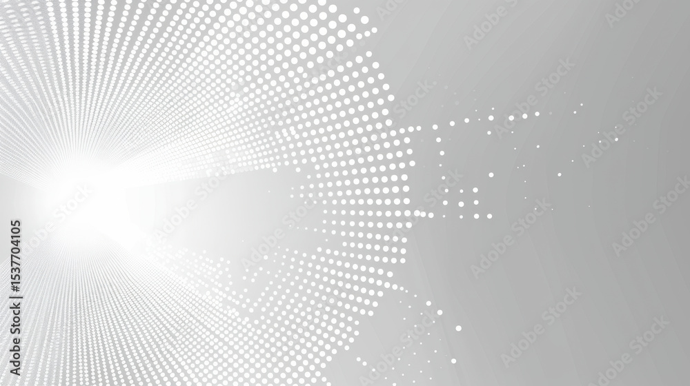 Poster abstract white dots expanding from center with radiant light creating dynamic visual effect on soft 