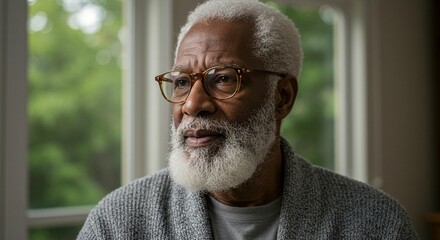 Portrait of thoughtful senior African American man with glasses, grey hair, and a beard looking out a window.
