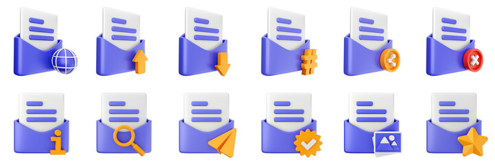 Obraz premium 3d mail email message document file envelope media chat delivery icon set bundle illustration