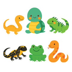 Set of cartoon reptiles and amphibians including dinosaur, turtle, iguana, salamander, frog, and snake. Flat colorful illustration on white background. Cold-blooded animals and wildlife concept