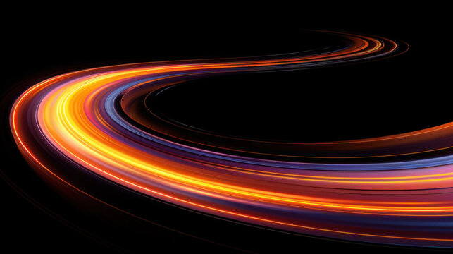 Vibrant neon lines create abstract motion trail against dark background, evoking sense of speed and energy. flowing colors blend seamlessly, capturing dynamic movement and excitement