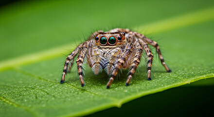 Macro shot of a Jumping Spider on a green leaf