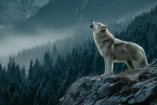 Lone Wolf Howling on Cliff at Moonrise, Misty Forest Backdrop