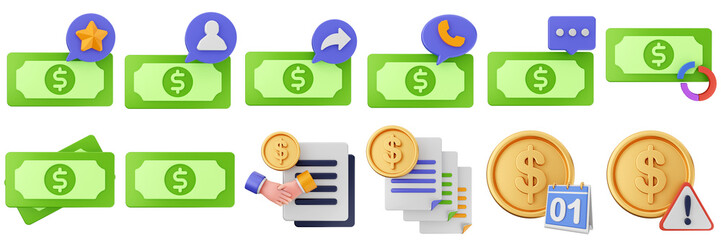 3d money transaction coin finance investment wealth payment income dollar icon set bundle illustration