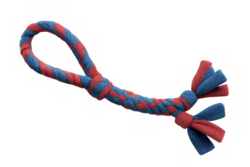 Pet rope chew toy, featuring braided design with looped handle, frayed edges, helping interactive play and dental health