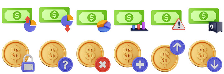 3d money transaction coin finance investment wealth payment income dollar icon set bundle illustration