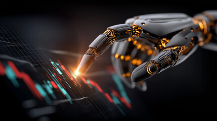 Digital Analysis: A metallic robot hand interacts with a digital graph, symbolizing technological advancement and data analysis, highlighting the future of finance and automation.