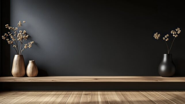 Minimalist setting with dried floral arrangement on wooden shelf against dark wall