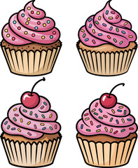 Set of Cute Cupcakes with Pink Frosting, Sprinkles, and Cherries – Cartoon Dessert Vector Collection