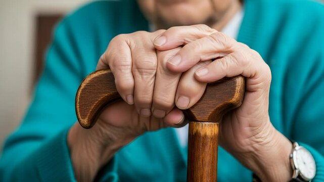 Close up view of an elderly woman's wrinkled hands gently gripping a sturdy wooden cane, representing the essential support and assistance often required in the journey of aging