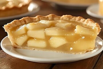 Delicious homemade pear pie slice resting on plate, ready for consumption