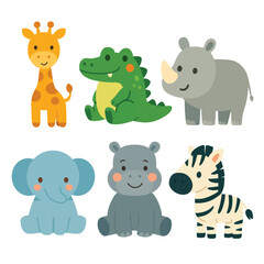Set of cartoon African animals including giraffe, crocodile, rhinoceros, elephant, hippopotamus, and zebra. Flat colorful illustration on white background. Safari and wildlife concept