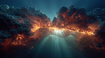 Obraz premium Underwater Volcanic Eruption: Glowing Magma Meets the Deep Sea
