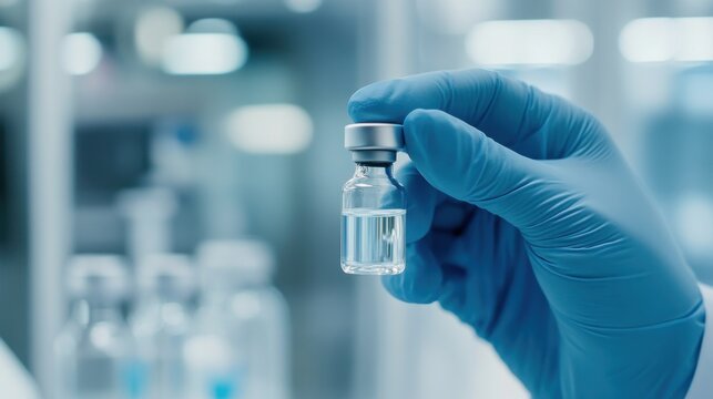 A detailed view of a healthcare worker holding a vial of vaccine in a modern laboratory, macro shot, Minimalist style