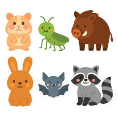 Set of cartoon animals including hamster, grasshopper, wild boar, rabbit, bat, and raccoon. Flat colorful illustration on white background. Forest and wild animal concept. Design for sticker, card