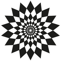 Hypnotic petal vortex. Checkered vector rotation. Spiral black pattern. Optical illusion shape.