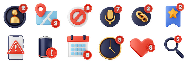3d notification notice alert attention application bell alarm reminder icon set bundle illustration