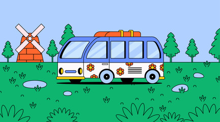 Cartoon vector style illustration of a retro travel bus with floral decorations parked in a green countryside. A windmill and pine trees complete the peaceful and vibrant outdoor scene.