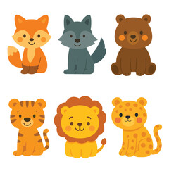 Set of cartoon wild animals including fox, wolf, bear, tiger, lion, and leopard. Flat colorful illustration on white background. Wildlife and jungle animals concept. Design for sticker, card