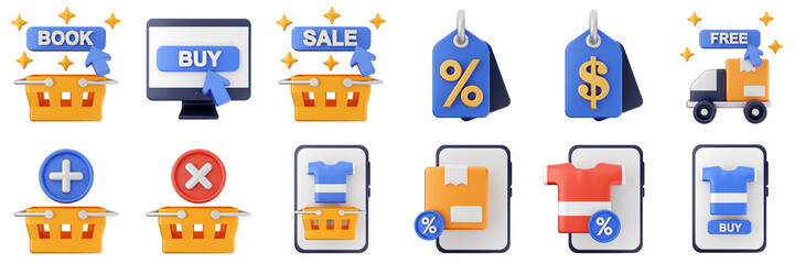 3d online store shopping buy flash sale promotion payment product discount icon set bundle illustration