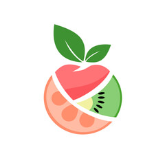 Colorful Fruit Fusion Logo – Apple, Kiwi, and Orange Slice Vector with Leaf