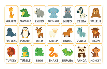 Set of educational animal flashcards with labeled cartoon illustrations including giraffe, crocodile, rhino, elephant, seal, penguin, snake, turtle, and more. Flat learning materials