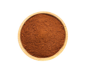 Wooden bowl with coffee powder on white background