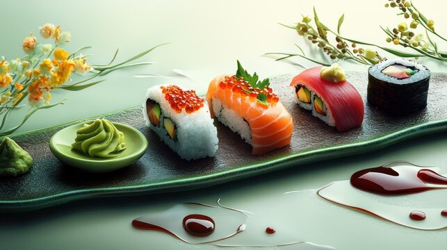 Elegant sushi presentation with vibrant toppings and artistic sauce arrangement