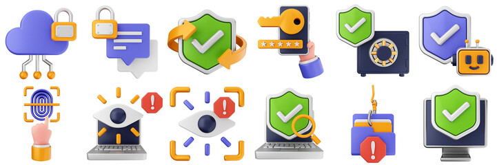 3d cyber security system safety technology safe digital data information password icon set bundle illustration