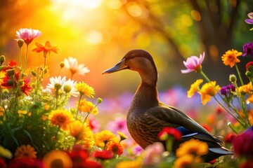 Golden Hour Serenity A Duck Amidst Vibrant Blossoms in a Sunlit Meadow