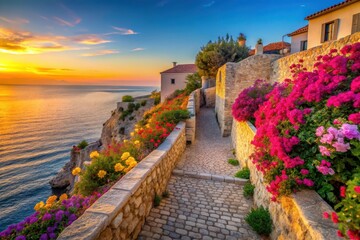 A Picturesque Coastal Pathway Adorned with Vibrant Blossoms at Sunset