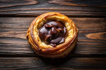 A delectable pastry with a rich chocolate filling, atop a rustic wooden surface