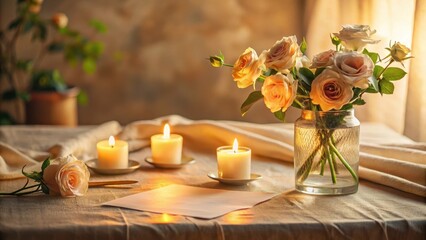 Romantic ambiance with roses and candles, a blank note evokes feelings of serenity and contemplation