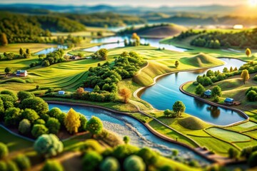Serene Landscape Featuring Rolling Hills, Winding Waterways, and Lush Greenery Under a Golden Sunset