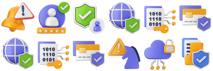 3d cyber security system safety technology safe digital data information password icon set bundle illustration