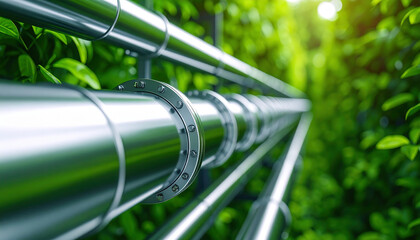Eco-Friendly Conduit: A glistening, metallic pipeline elegantly weaves through a vibrant, verdant forest, symbolizing the crucial connection between nature and industry in a modern.