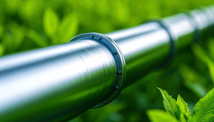 Fototapeta premium Green energy pipeline: A sleek metal pipeline meanders through a vibrant tapestry of green foliage.