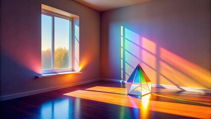 Illuminated interior with prismatic light refraction creating vibrant hues on walls and floor