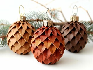 Unique Handmade Christmas Ornaments: Decorative Craft Ornaments with Leafy Textures in Brown and Red, Festive Holiday Decorations