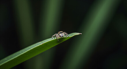 Macro shot of a jumping spider on a green leaf with blurred background