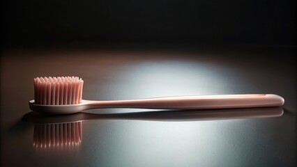 A close-up studio shot of a pale pink toothbrush on a reflective surface against a dark background, highlighting its delicate design and the soft texture of its bristles.