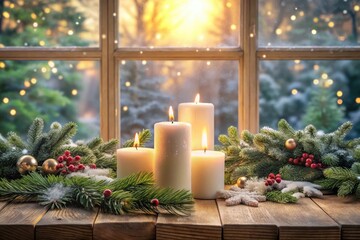 Warm Candlelight Illuminates a Festive Winter Window Scene with Evergreen Branches and Festive Ornaments