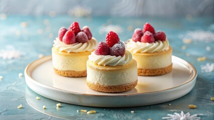 Miniature cheesecakes, adorned with sugared raspberries and whipped cream, elegantly presented on a circular plate.
