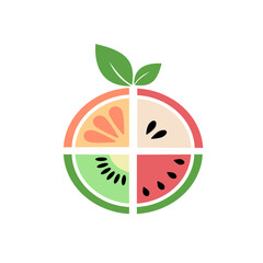Colorful Fruit Fusion Logo – Apple, Watermelon, Kiwi, and Orange Slice Vector with Leaf
