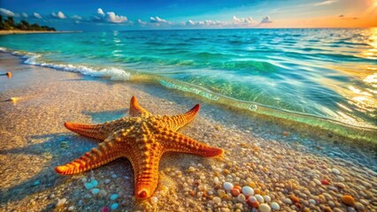 A sun-kissed starfish rests on a tranquil beach, waves gently lapping the shore at sunset