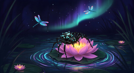 Naklejka premium Illustration of a spider on a lotus flower with dragonflies and the northern lights