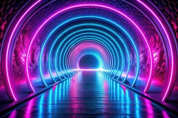 Futuristic Neon Tunnel with Vibrant Pink and Blue Glowing Circles and Reflective Floor