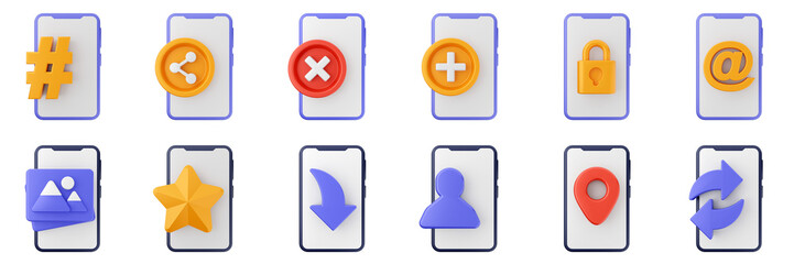 3d social media network marketing application smartphone share like love follow online posting icon set bundle illustration