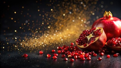 A vibrant still life showcasing a halved pomegranate and a whole pomegranate, dramatically presented against a dark background sprinkled with golden particles, creating a luxurious and festive mood.